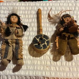 Vintage Native American Style Dolls with Drum - Brown and Black